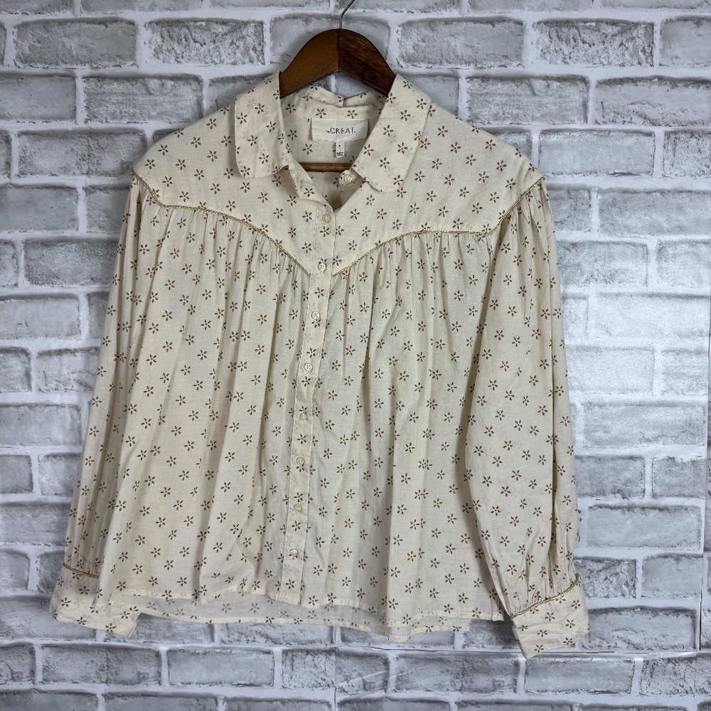 THE GREAT. Cream Floral Dot Button-Up Blouse
